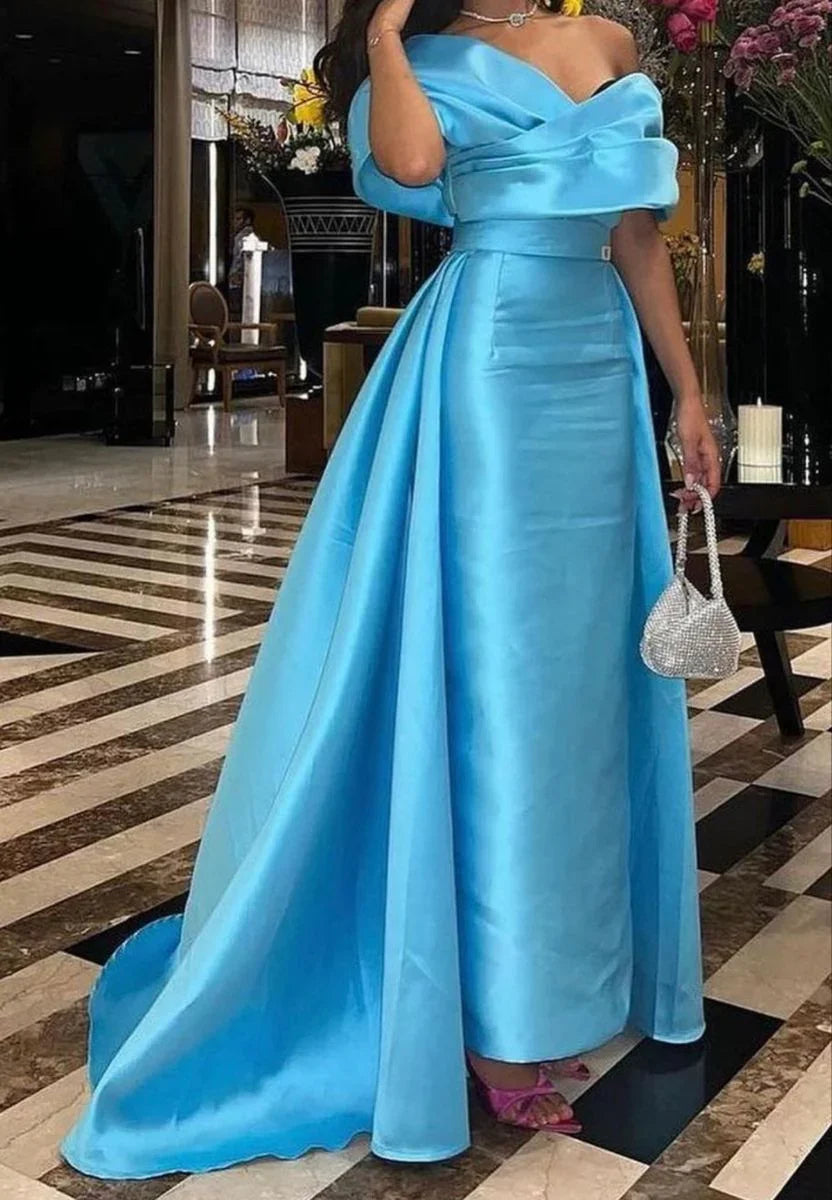 Vestido de Festa Azul de Cetim com Ombros Descobertos Y4026