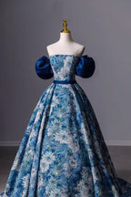 Blue Printed Long A-Line Prom Dress Blue Off the Shoulder Formal Evening Dress Y4605