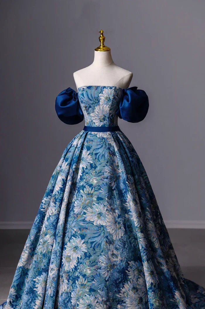 Blue Printed Long A-Line Prom Dress Blue Off the Shoulder Formal Evening Dress Y4605