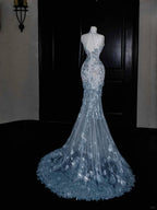 Dream Blue Tulle Sequins Appliques Mermaid Evening Dress Long Prom Dress Y8673