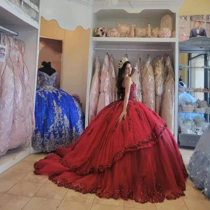 Vestidos Vermelhos Novos para Quinceanera com Lantejoulas, Bordados e Apliques, Decote Coração, Vestidos Formais para Festa, Princesa, Vestidos de Baile Y4257
