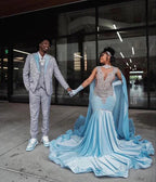 Sky Blue Velvet Silver Crystal Evening Dress Luxurious Evening Gown Y5764