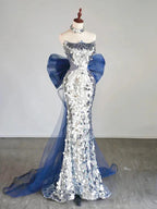 Vestido de Noite Longo com Lantejoulas Prateadas e Cauda de Sereia para Baile com Laço Y7746
