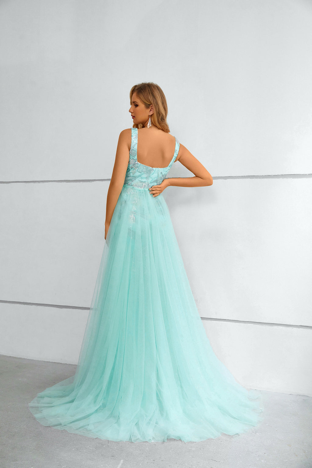 Aqua Blue Sequin Square Neck Mermaid Maxi Dress with Tulle Train