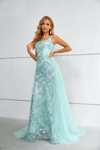 Aqua Blue Sequin Square Neck Mermaid Maxi Dress with Tulle Train