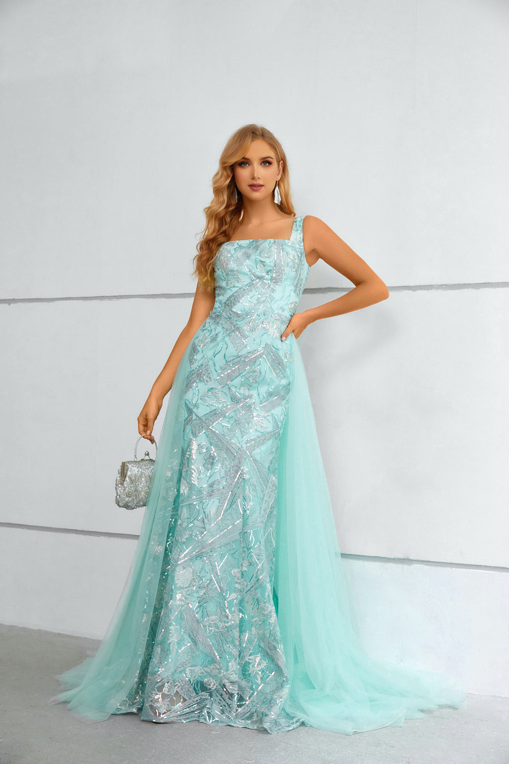 Aqua Blue Sequin Square Neck Mermaid Maxi Dress with Tulle Train