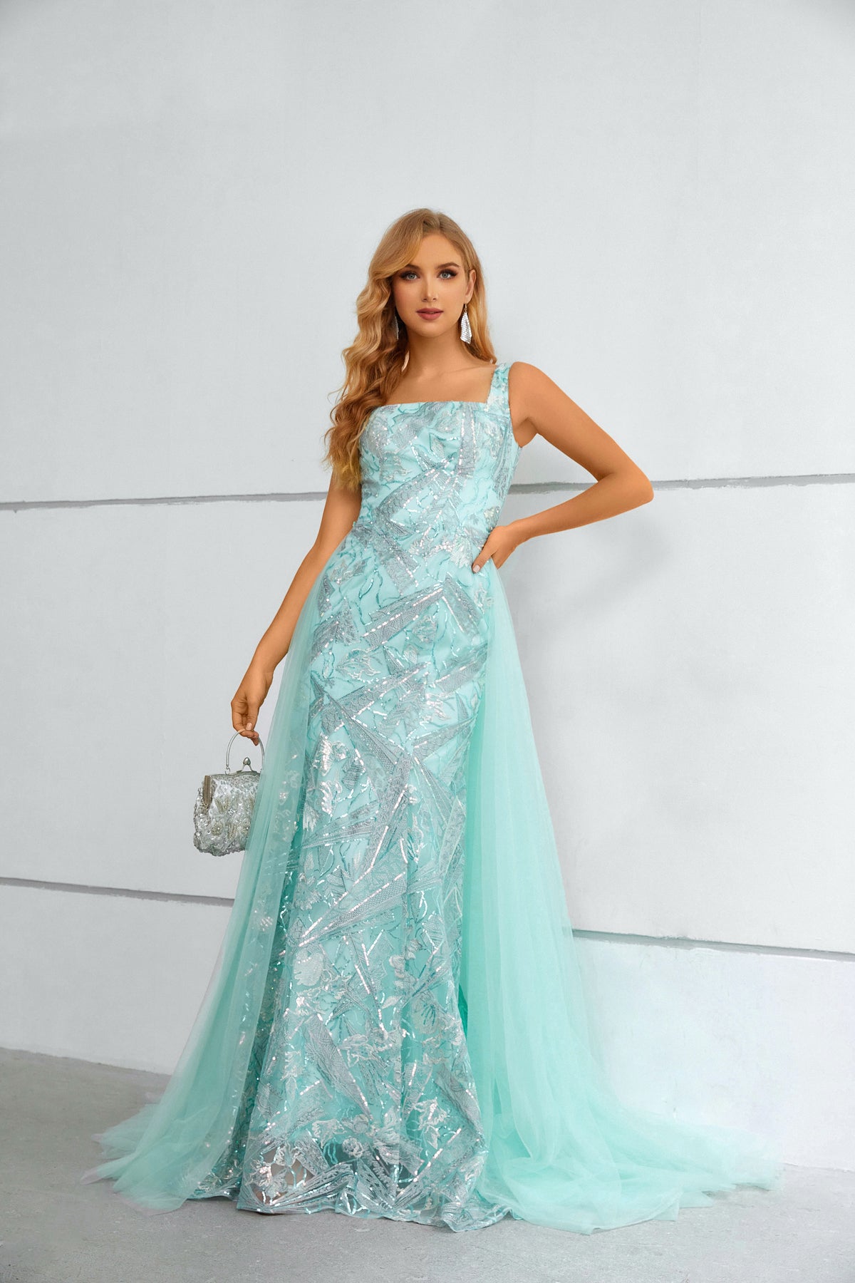 Aqua Blue Sequin Square Neck Mermaid Maxi Dress with Tulle Train