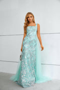 Aqua Blue Sequin Square Neck Mermaid Maxi Dress with Tulle Train