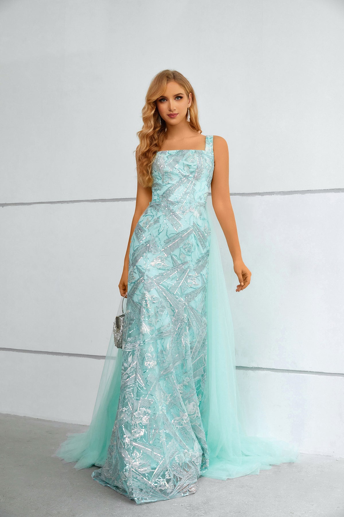 Aqua Blue Sequin Square Neck Mermaid Maxi Dress with Tulle Train