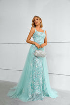Aqua Blue Sequin Square Neck Mermaid Maxi Dress with Tulle Train