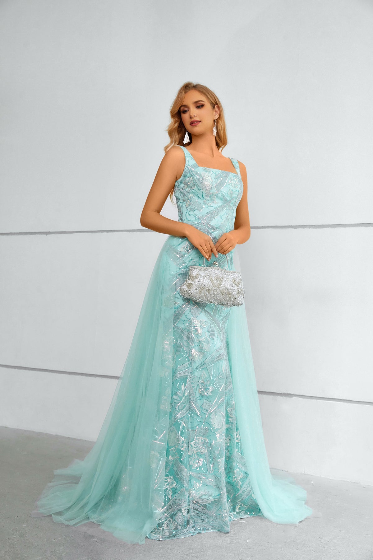 Aqua Blue Sequin Square Neck Mermaid Maxi Dress with Tulle Train