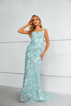 Aqua Blue Sequin Square Neck Mermaid Maxi Dress with Tulle Train