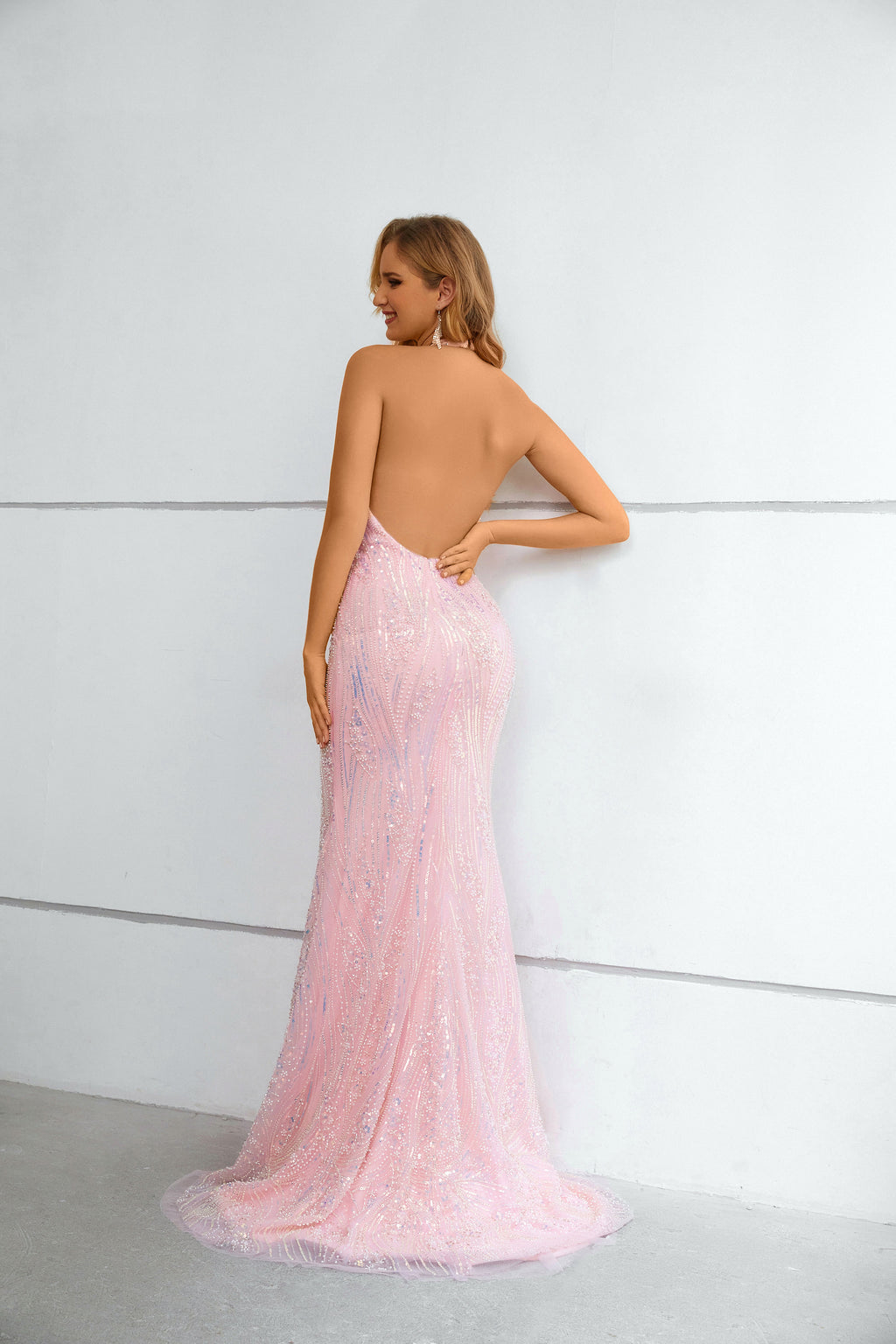 Pink Iridescent Sequin Halter Neck Mermaid Maxi Dress with Open Back & Train