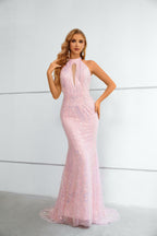 Pink Iridescent Sequin Halter Neck Mermaid Maxi Dress with Open Back & Train
