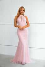 Pink Iridescent Sequin Halter Neck Mermaid Maxi Dress with Open Back & Train