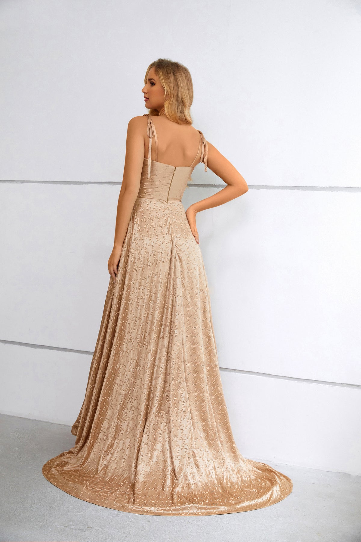 Champagne Textured Satin Cowl Neck Maxi Dress with High Slit & Tie Straps