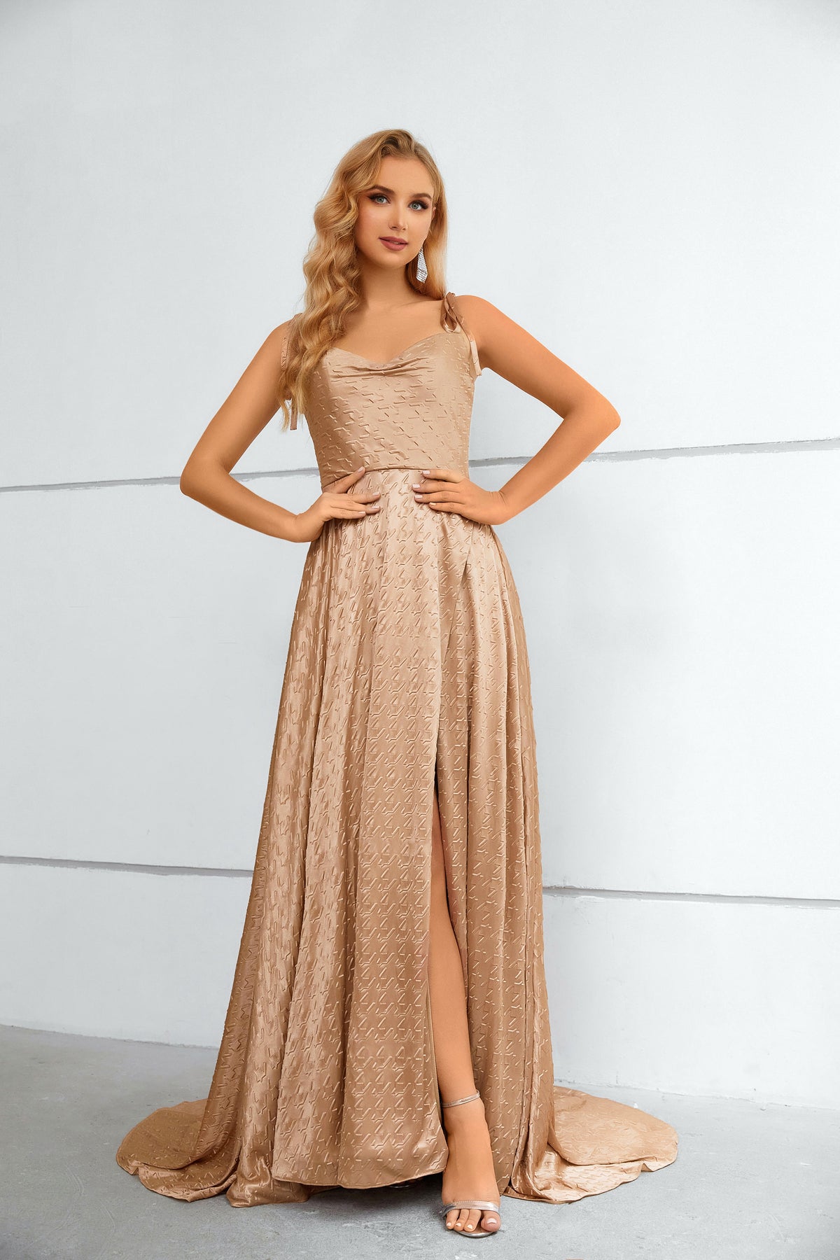 Champagne Textured Satin Cowl Neck Maxi Dress with High Slit & Tie Straps