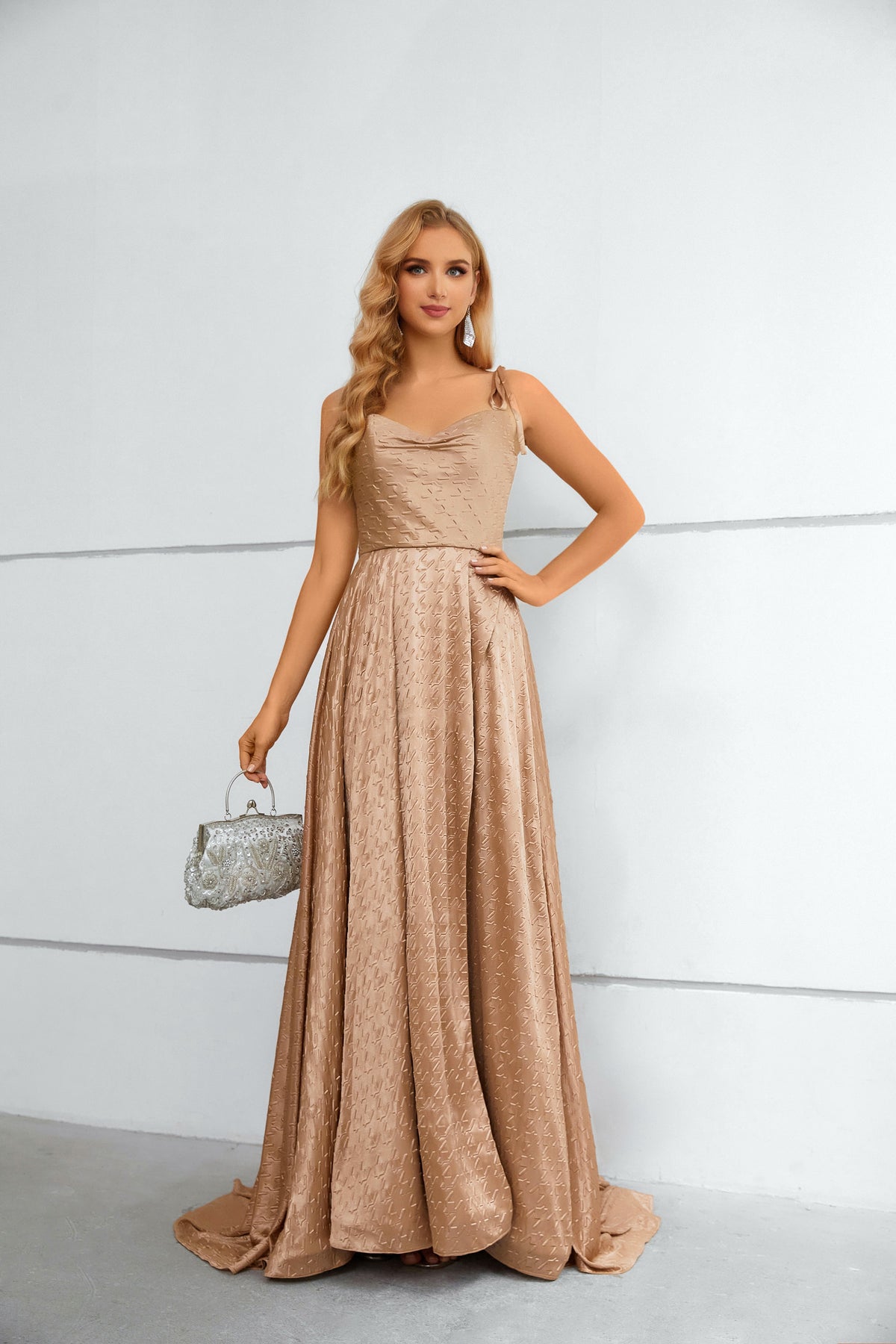 Champagne Textured Satin Cowl Neck Maxi Dress with High Slit & Tie Straps