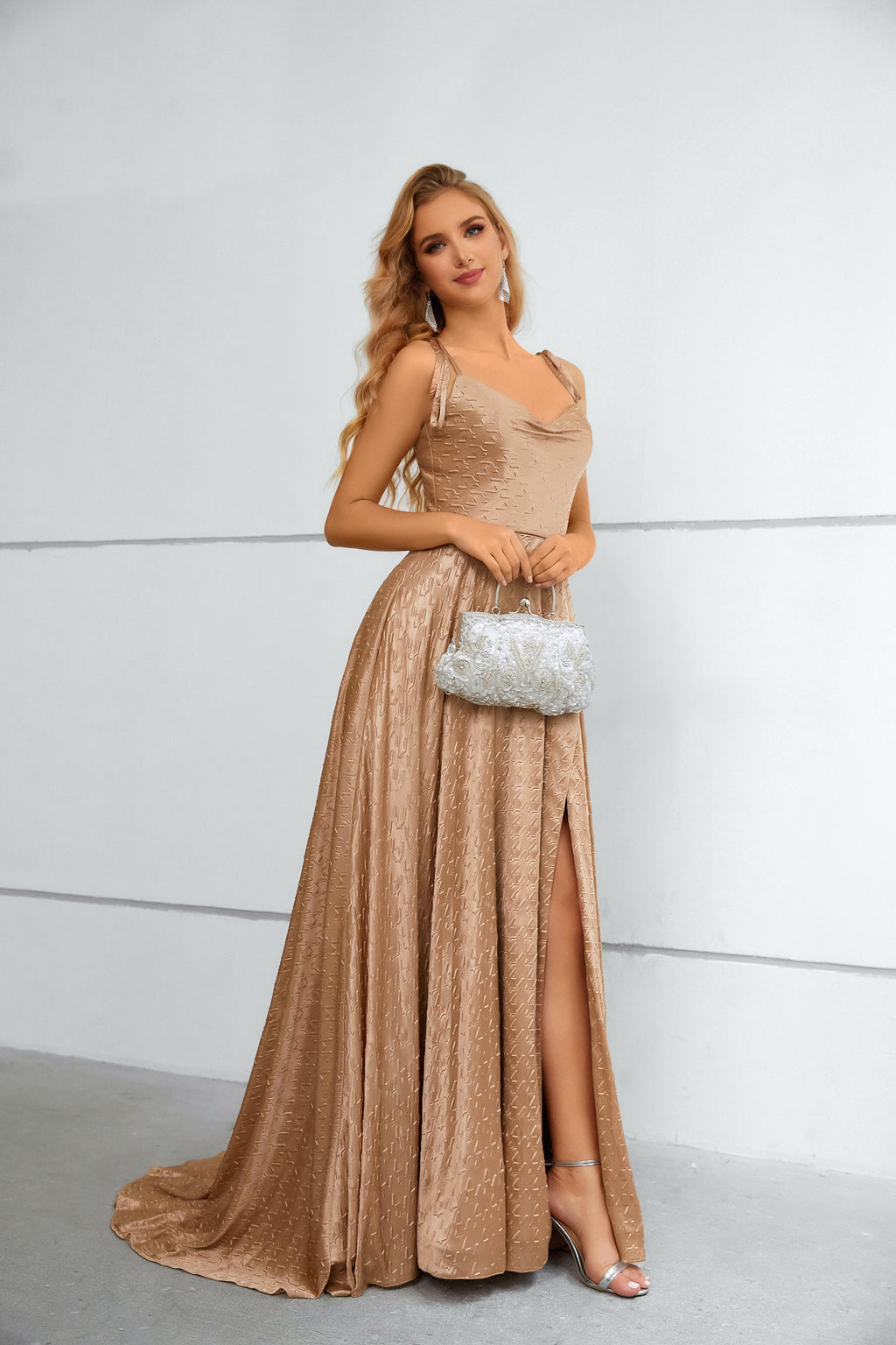 Champagne Textured Satin Cowl Neck Maxi Dress with High Slit & Tie Straps