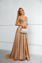Champagne Textured Satin Cowl Neck Maxi Dress with High Slit & Tie Straps