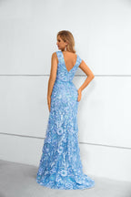 Blue 3D Floral Sequin V-Neck Mermaid Maxi Dress with Train
