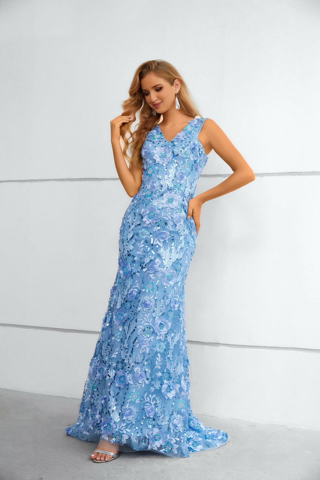 Blue 3D Floral Sequin V-Neck Mermaid Maxi Dress with Train