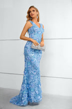 Blue 3D Floral Sequin V-Neck Mermaid Maxi Dress with Train