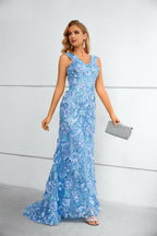 Blue 3D Floral Sequin V-Neck Mermaid Maxi Dress with Train