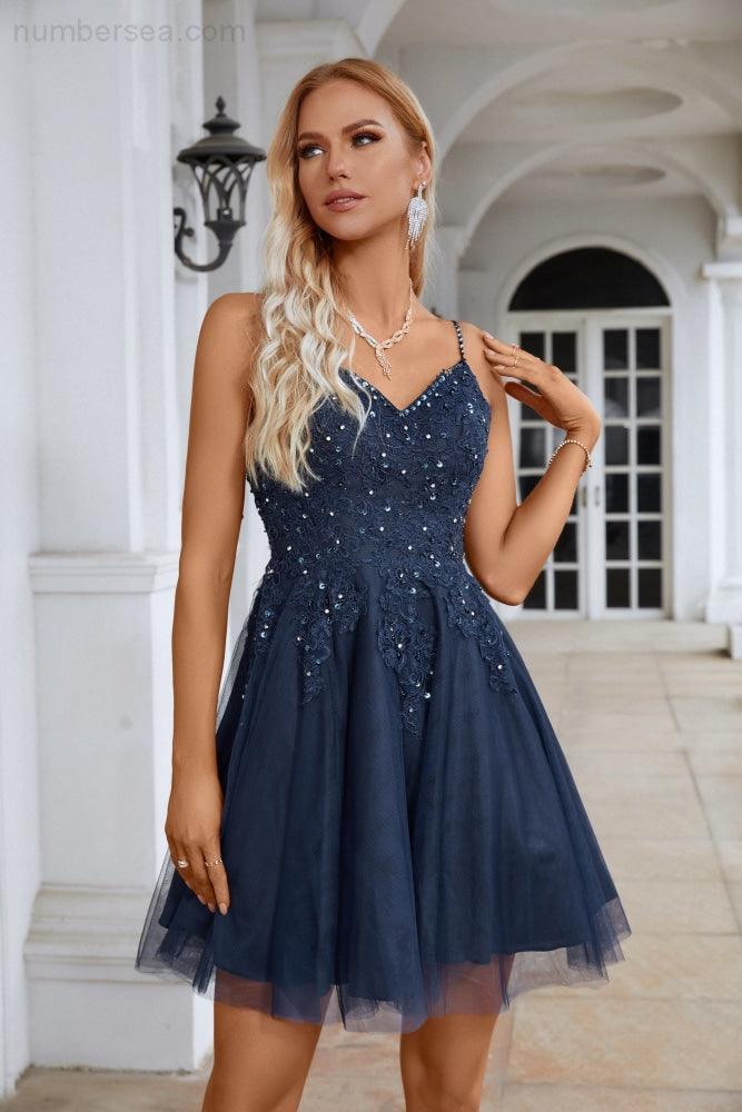 Damen V-Ausschnitt Pailletten Besticktes Spaghettiträger Superkurzes Brautjungfern Abendkleid Hochzeitsfeier Strand Abendkleid 28102