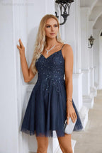 Damen V-Ausschnitt Pailletten Besticktes Spaghettiträger Superkurzes Brautjungfern Abendkleid Hochzeitsfeier Strand Abendkleid 28102