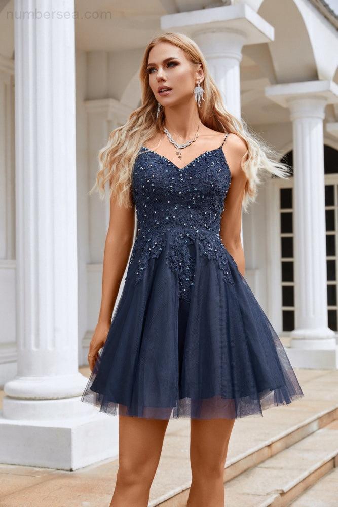 Damen V-Ausschnitt Pailletten Besticktes Spaghettiträger Superkurzes Brautjungfern Abendkleid Hochzeitsfeier Strand Abendkleid 28102