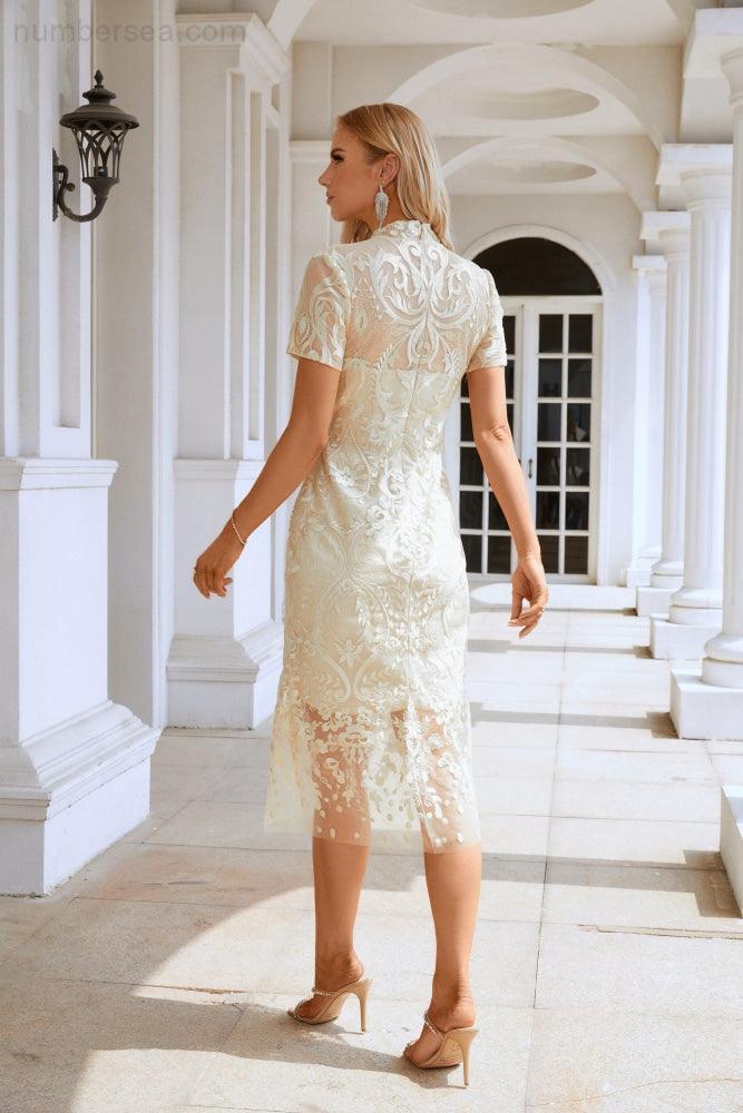 Vestido de noite curto de estilo chinês com bordados e mangas curtas para senhoras, para festas, casamentos e compras 28105