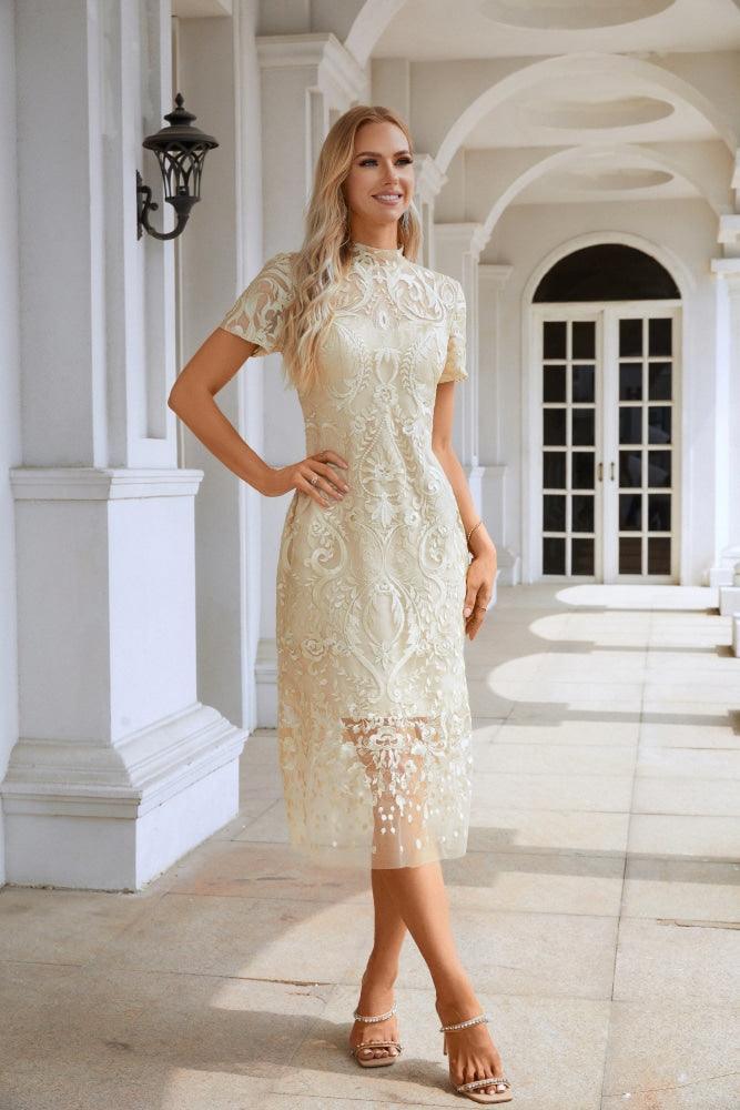 Vestido de noite curto de estilo chinês com bordados e mangas curtas para senhoras, para festas, casamentos e compras 28105