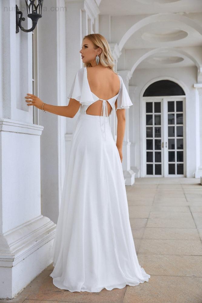 Abito da sera da damigella con maniche a volant in chiffon, spacco frontale, per ballo, matrimonio e festa serale 28115