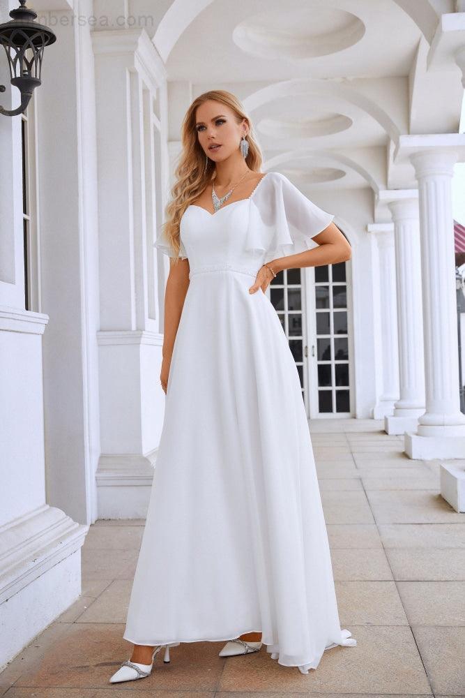 Abito da sera da damigella con maniche a volant in chiffon, spacco frontale, per ballo, matrimonio e festa serale 28115