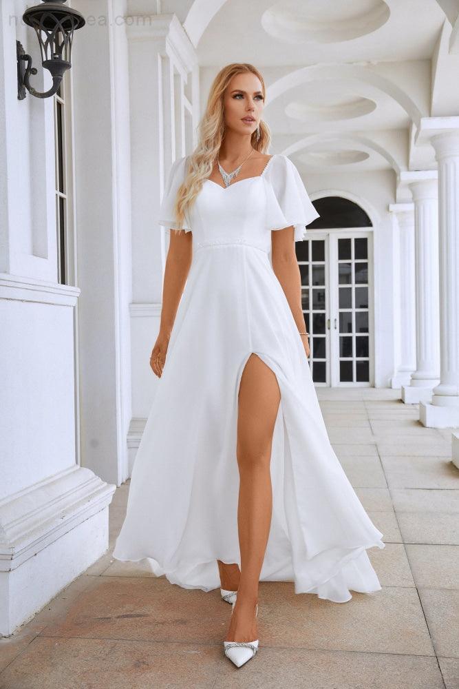 Abito da sera da damigella con maniche a volant in chiffon, spacco frontale, per ballo, matrimonio e festa serale 28115