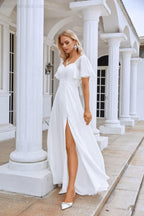 Abito da sera da damigella con maniche a volant in chiffon, spacco frontale, per ballo, matrimonio e festa serale 28115