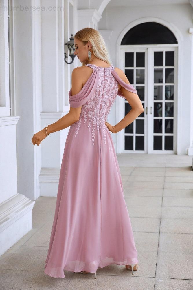 Abito da sera lungo da damigella d'onore in chiffon con ricamo, maniche svolazzanti e strascico, abito da sera per ballo e festa di matrimonio 28119