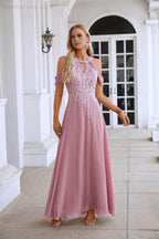 Abito da sera lungo da damigella d'onore in chiffon con ricamo, maniche svolazzanti e strascico, abito da sera per ballo e festa di matrimonio 28119