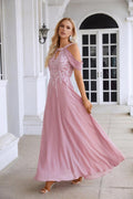 Abito da sera lungo da damigella d'onore in chiffon con ricamo, maniche svolazzanti e strascico, abito da sera per ballo e festa di matrimonio 28119