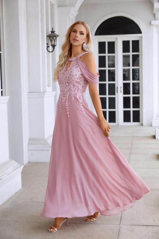 Abito da sera lungo da damigella d'onore in chiffon con ricamo, maniche svolazzanti e strascico, abito da sera per ballo e festa di matrimonio 28119