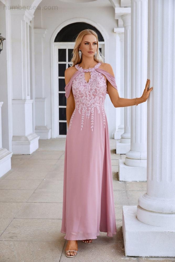 Abito da sera lungo da damigella d'onore in chiffon con ricamo, maniche svolazzanti e strascico, abito da sera per ballo e festa di matrimonio 28119