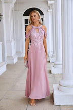 Abito da sera lungo da damigella d'onore in chiffon con ricamo, maniche svolazzanti e strascico, abito da sera per ballo e festa di matrimonio 28119