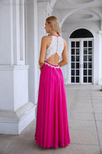 Abito da sera da damigella senza maniche con collo all'americana in chiffon e pizzo da donna per matrimonio, ballo e festa 28120
