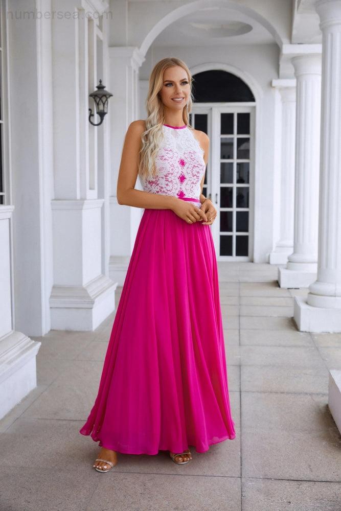 Abito da sera da damigella senza maniche con collo all'americana in chiffon e pizzo da donna per matrimonio, ballo e festa 28120