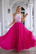 Abito da sera da damigella senza maniche con collo all'americana in chiffon e pizzo da donna per matrimonio, ballo e festa 28120