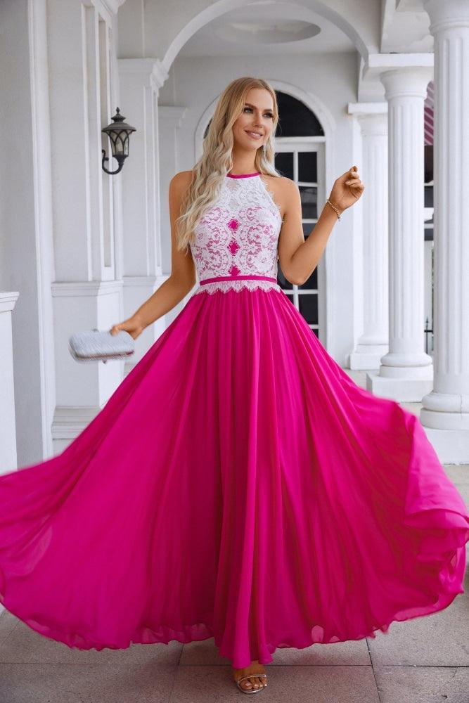 Abito da sera da damigella senza maniche con collo all'americana in chiffon e pizzo da donna per matrimonio, ballo e festa 28120