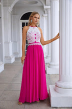 Abito da sera da damigella senza maniche con collo all'americana in chiffon e pizzo da donna per matrimonio, ballo e festa 28120