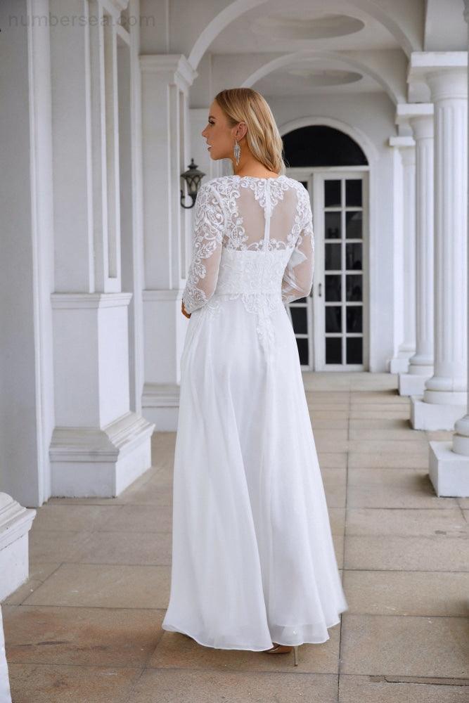 Damen Rundhalsausschnitt Langarm Vorderschlitz Chiffon Spitzen bodenlanges Brautjungfern Abendkleid Hochzeitsball Festkleid 28122
