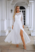 Damen Rundhalsausschnitt Langarm Vorderschlitz Chiffon Spitzen bodenlanges Brautjungfern Abendkleid Hochzeitsball Festkleid 28122